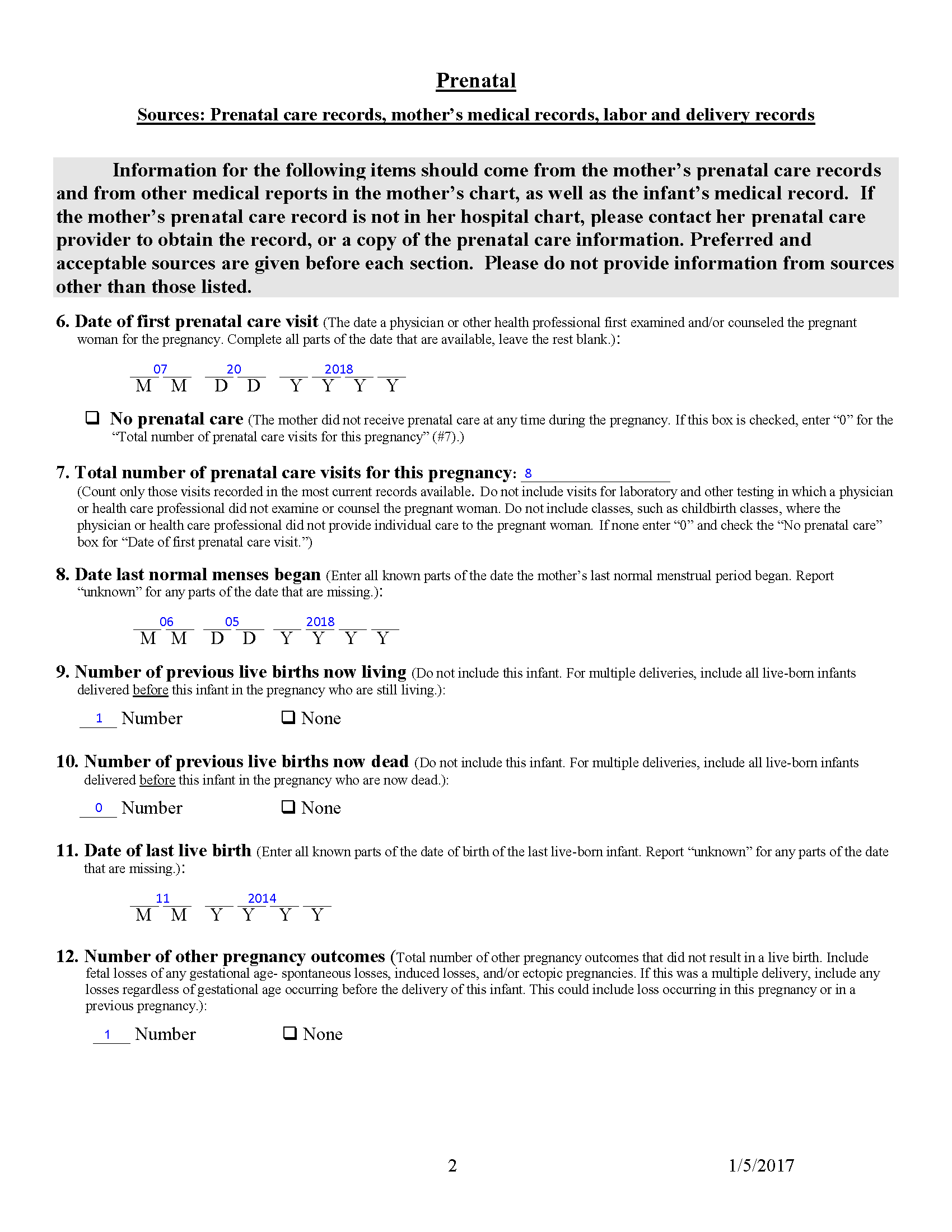 Example Facility Worksheet for Live Birth Certificate for Baby G Quinn - p2