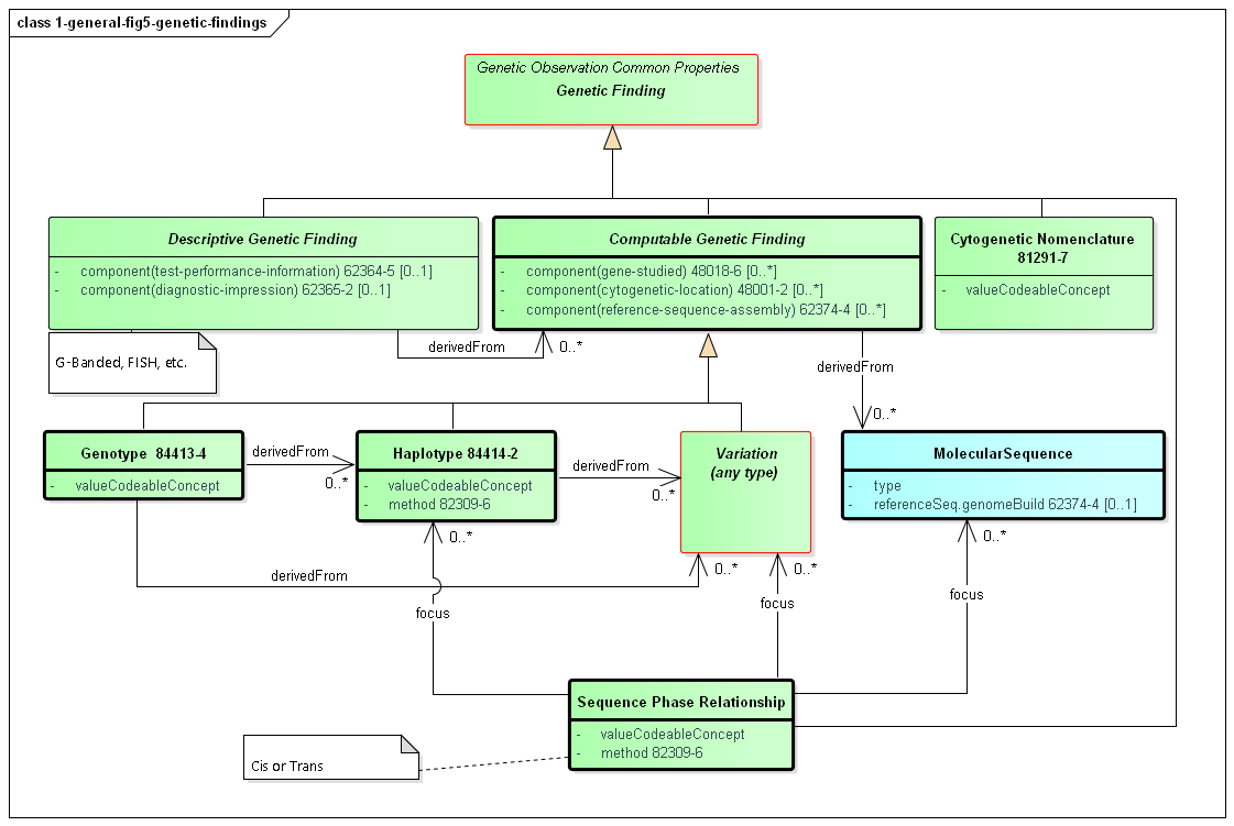 Class diagram showing relationship of Descriptive and Computable genetic findings as well as genotypes, haplotypes, variations and sequences.